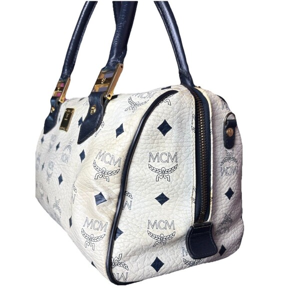 MCM Vintage Navy & White
Visetos Boston Leather Handbag w/Gold MCM Logo - Picture 3 of 16